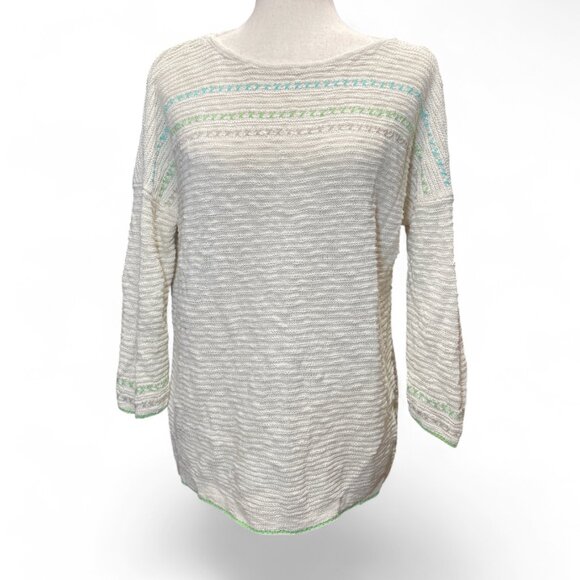 J. Jill Sweaters - J Jill Womens Cream Light & Airy Knit Textured Embroidered Coastal Beach Sweater